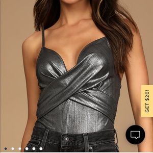 NWT Lulu’s Club Nights Grey Metallic Cross Front Bodysuit